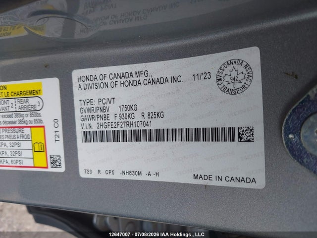 2024 Honda Civic Lx-b მანქანა იყიდება აუქციონზე, vin: 2HGFE2F27RH107041, აუქციონის ნომერი: 12647007
