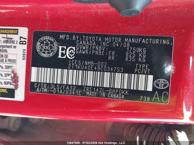 2009 Toyota Matrix მანქანა იყიდება აუქციონზე, vin: 2T1KU40E49C034753, აუქციონის ნომერი: 12647008