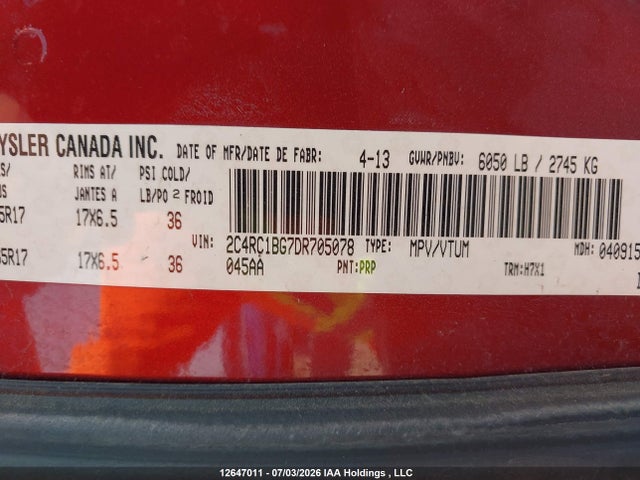 12647011 :رقم المزاد ، 2C4RC1BG7DR705078 vin ، 2013 Chrysler Town & Country Touring مزاد بيع