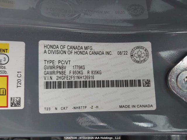 12647030 :رقم المزاد ، 2HGFE2F51NH126916 vin ، 2022 Honda Civic مزاد بيع