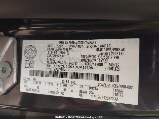 Продаж на аукціоні авто 2013 Ford Escape Se, vin: 1FMCU9G9XDUA19398, номер лоту: 12647031