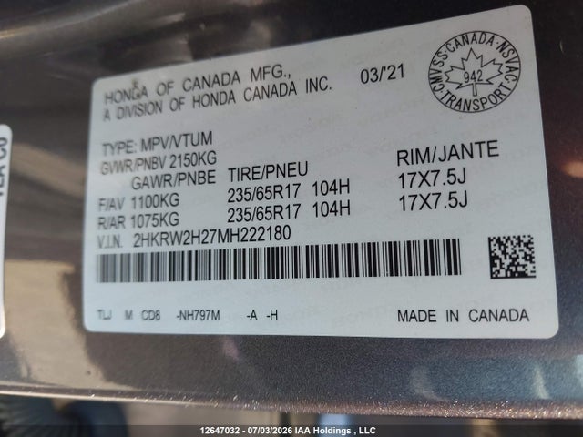 12647032 :رقم المزاد ، 2HKRW2H27MH222180 vin ، 2021 Honda Cr-v Lx مزاد بيع