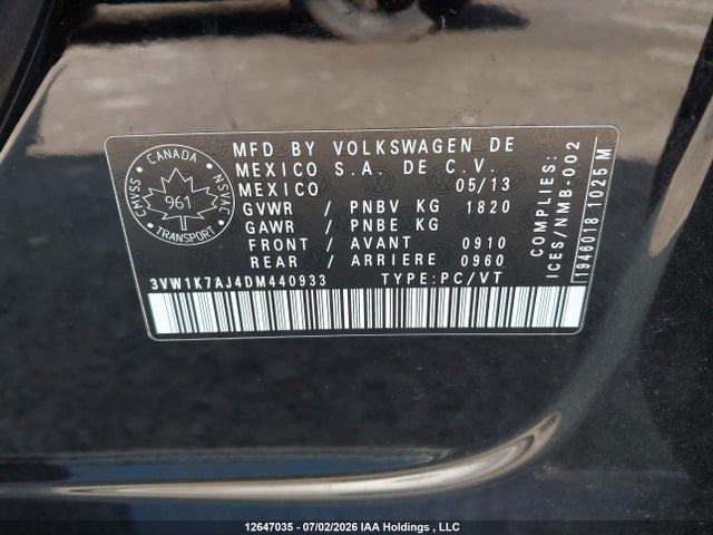 12647035 :رقم المزاد ، 3VW1K7AJ4DM440933 vin ، 2013 Volkswagen Jetta 2.0l Trendline/2.0l Trendline+ مزاد بيع