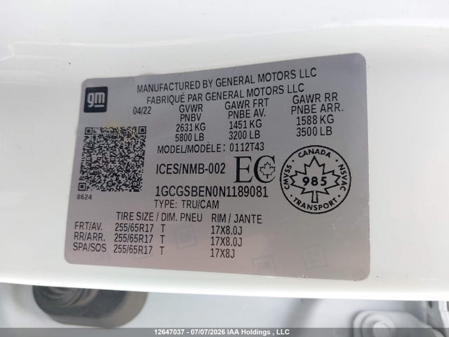 Aukcja sprzedaży 2022 Chevrolet Colorado Wt, vin: 1GCGSBEN0N1189081, numer aukcji: 12647037