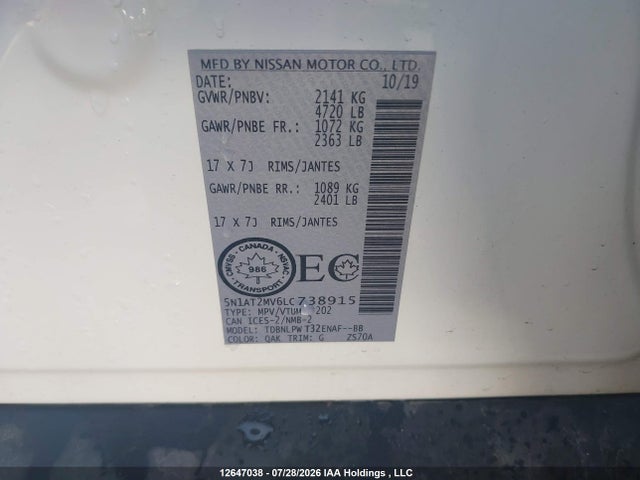 5N1AT2MV6LC738915 Nissan Rogue S/sl/sv