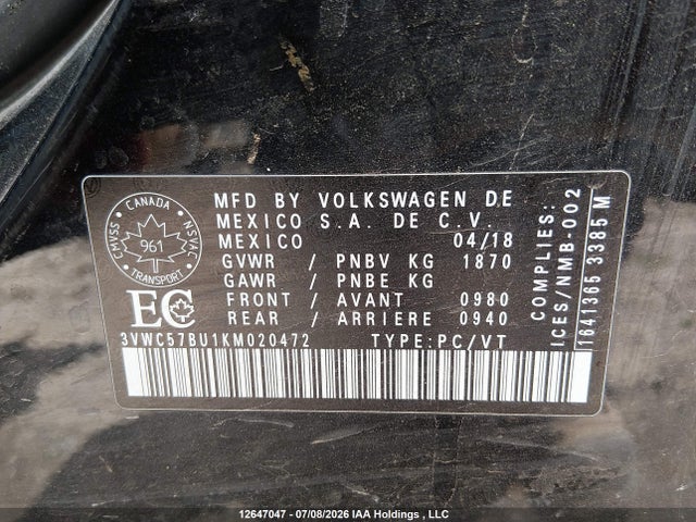 Продаж на аукціоні авто 2019 Volkswagen Jetta S/se/r-line, vin: 3VWC57BU1KM020472, номер лоту: 12647047
