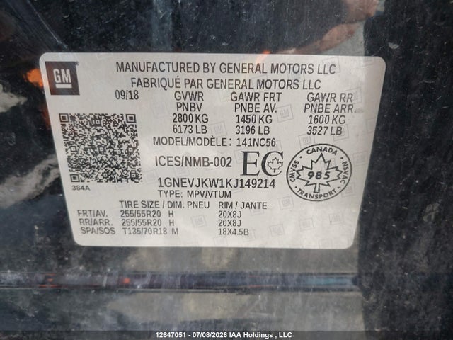 Продаж на аукціоні авто 2019 Chevrolet Traverse High Country/rs, vin: 1GNEVJKW1KJ149214, номер лоту: 12647051