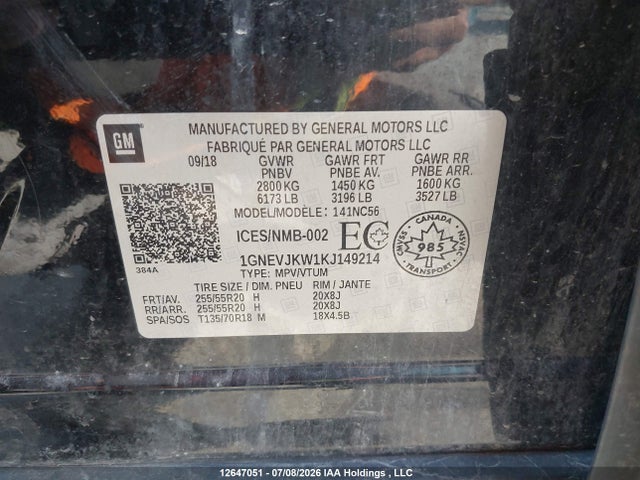 Продаж на аукціоні авто 2019 Chevrolet Traverse High Country/rs, vin: 1GNEVJKW1KJ149214, номер лоту: 12647051