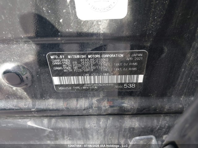 Aukcja sprzedaży 2022 Mitsubishi Eclipse Cross Es, vin: JA4ATUAA2NZ604446, numer aukcji: 12647054