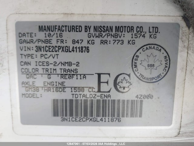 12647061 :رقم المزاد ، 3N1CE2CPXGL411876 vin ، 2016 Nissan Versa Note 1.6 S/1.6 Sl/1.6 Sr/1.6 Sv مزاد بيع
