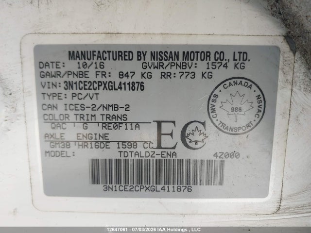 12647061 :رقم المزاد ، 3N1CE2CPXGL411876 vin ، 2016 Nissan Versa Note 1.6 S/1.6 Sl/1.6 Sr/1.6 Sv مزاد بيع