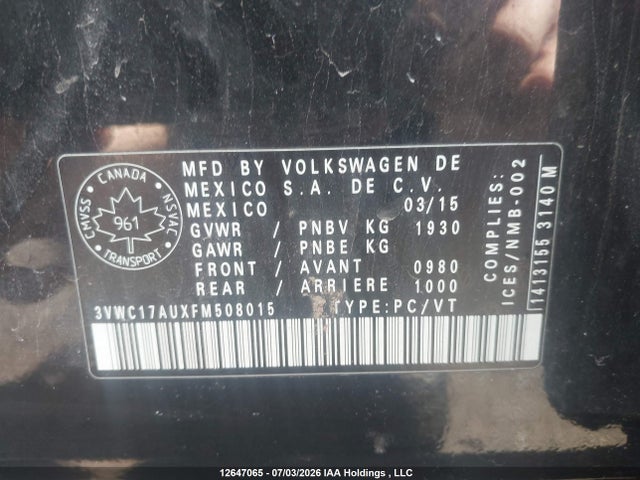 Продаж на аукціоні авто 2015 Volkswagen Golf Sportwagen S/se/sel, vin: 3VWC17AUXFM508015, номер лоту: 12647065
