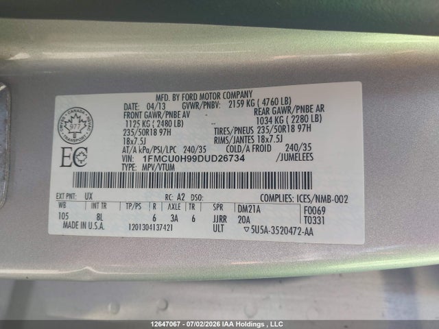 12647067 :رقم المزاد ، 1FMCU0H99DUD26734 vin ، 2013 Ford Escape Sel مزاد بيع