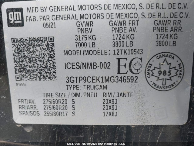 12647068 :رقم المزاد ، 3GTP9CEK1MG346592 vin ، 2021 Gmc Sierra K1500 Elevation مزاد بيع