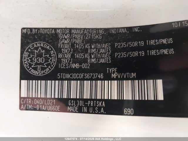 Aukcja sprzedaży 2015 Toyota Sienna Se 8 Passenger, vin: 5TDXK3DC0FS673746, numer aukcji: 12647074