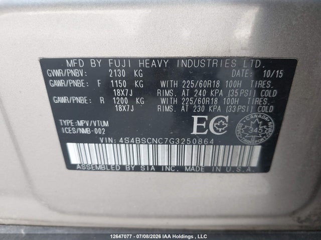 12647077 :رقم المزاد ، 4S4BSCNC7G3250864 vin ، 2016 Subaru Outback 2.5i Limited Package مزاد بيع