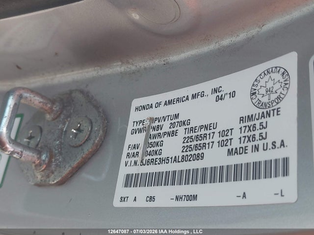 Продаж на аукціоні авто 2010 Honda Cr-v Ex, vin: 5J6RE3H51AL802089, номер лоту: 12647087