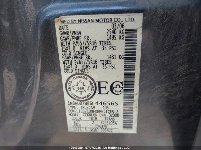 12647089 :رقم المزاد ، 1N6AD07W86C446565 vin ، 2006 Nissan Frontier Nismo Off Road مزاد بيع
