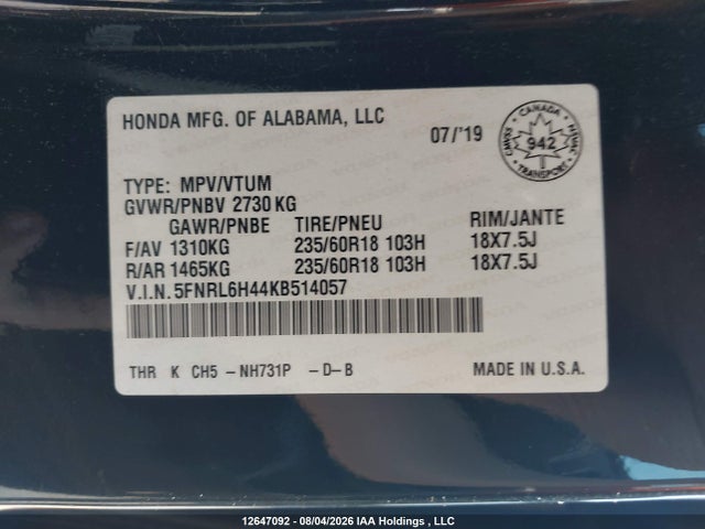 Honda ODYSSEY EX 2019 5FNRL6H44KB514057 Image 9