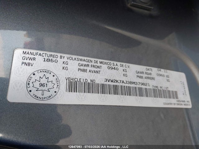 12647093 :رقم المزاد ، 3VW2K7AJ3BM379821 vin ، 2011 Volkswagen Jetta 2.0l Trendline/2.0l Trendline+ مزاد بيع