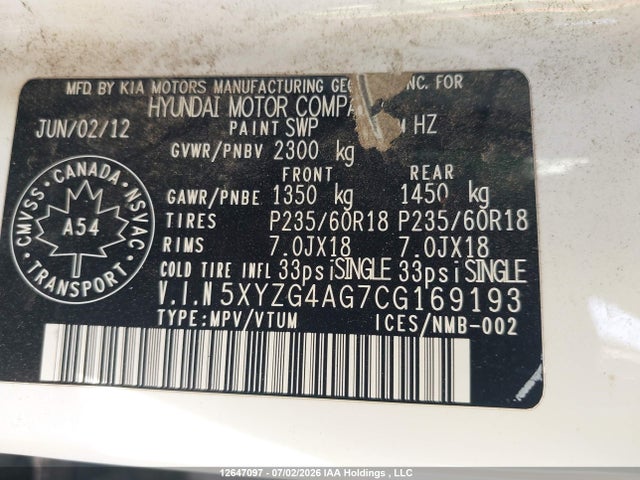 12647097 :رقم المزاد ، 5XYZG4AG7CG169193 vin ، 2012 Hyundai Santa Fe Gl 3.5 Sport مزاد بيع