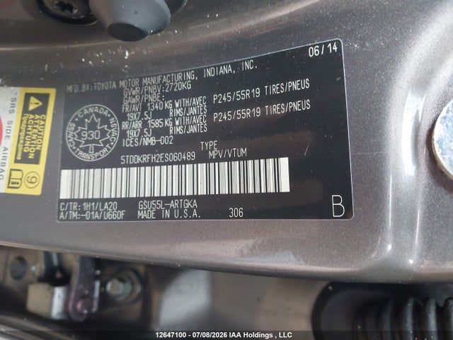 12647100 :رقم المزاد ، 5TDDKRFH2ES060489 vin ، 2014 Toyota Highlander Limited/ltd Platnum مزاد بيع