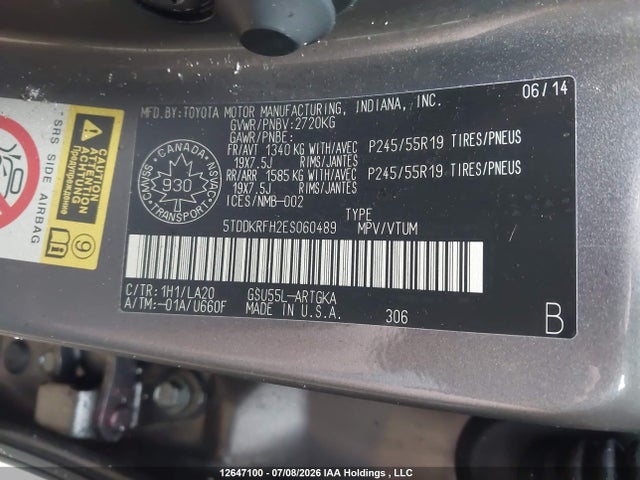 12647100 :رقم المزاد ، 5TDDKRFH2ES060489 vin ، 2014 Toyota Highlander Limited/ltd Platnum مزاد بيع