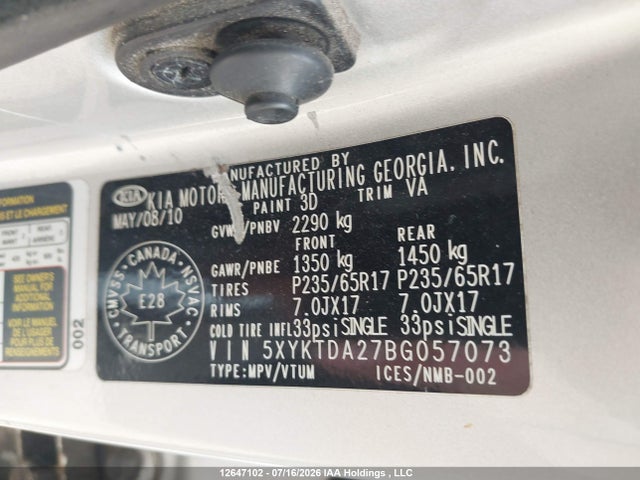 2011 Kia Sorento Lx V6 მანქანა იყიდება აუქციონზე, vin: 5XYKTDA27BG057073, აუქციონის ნომერი: 12647102