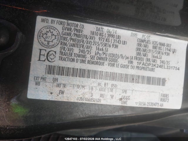 12647103 :رقم المزاد ، 1FADP3K24EL331754 vin ، 2014 Ford Focus مزاد بيع