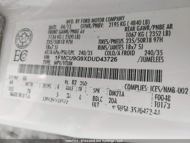 12647111 :رقم المزاد ، 1FMCU9G9XDUD43726 vin ، 2013 Ford Escape Se مزاد بيع