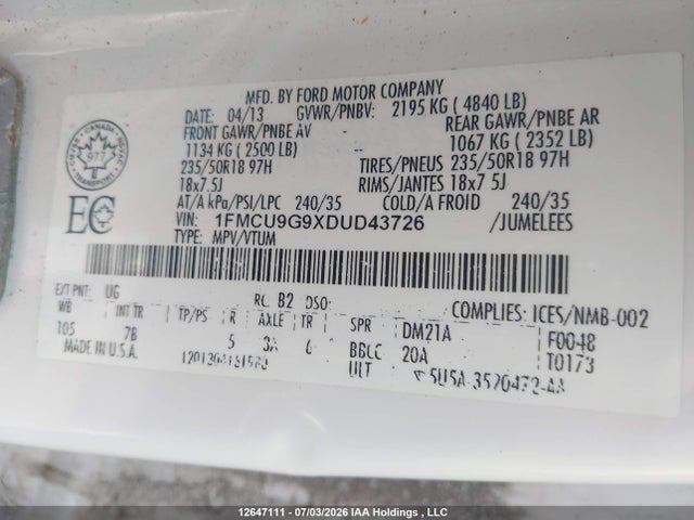 12647111 :رقم المزاد ، 1FMCU9G9XDUD43726 vin ، 2013 Ford Escape Se مزاد بيع