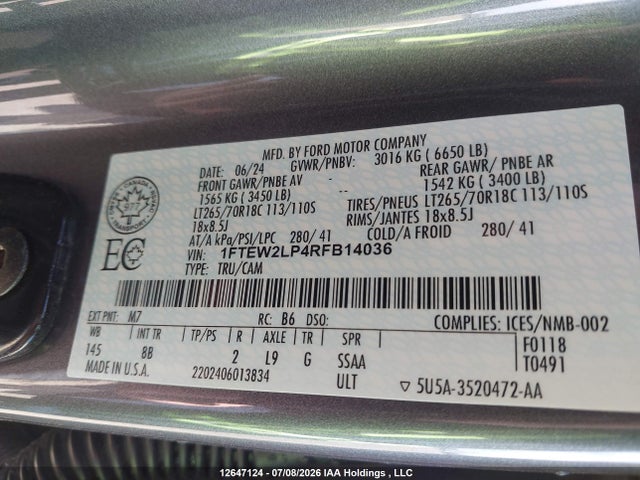 2024 Ford F-150 Stx მანქანა იყიდება აუქციონზე, vin: 1FTEW2LP4RFB14036, აუქციონის ნომერი: 12647124