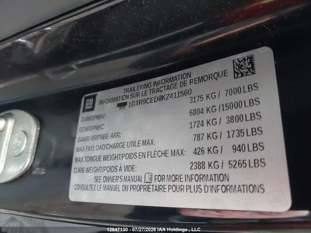 12647130 :رقم المزاد ، 1GTR9CED8KZ411560 vin ، 2019 Gmc Sierra 1500 Elevation مزاد بيع