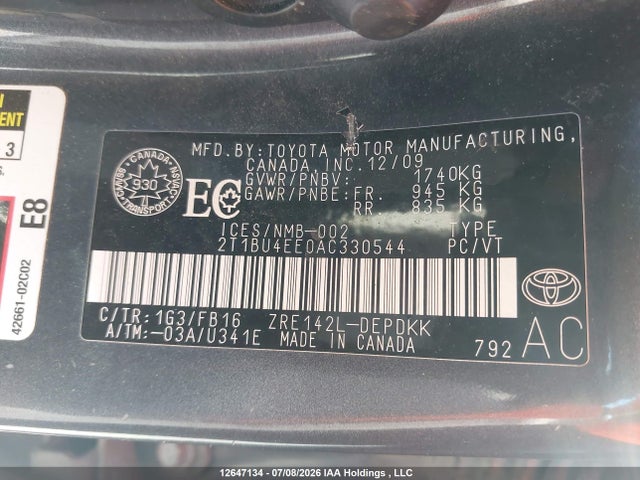 2010 Toyota Corolla Ce მანქანა იყიდება აუქციონზე, vin: 2T1BU4EE0AC330544, აუქციონის ნომერი: 12647134
