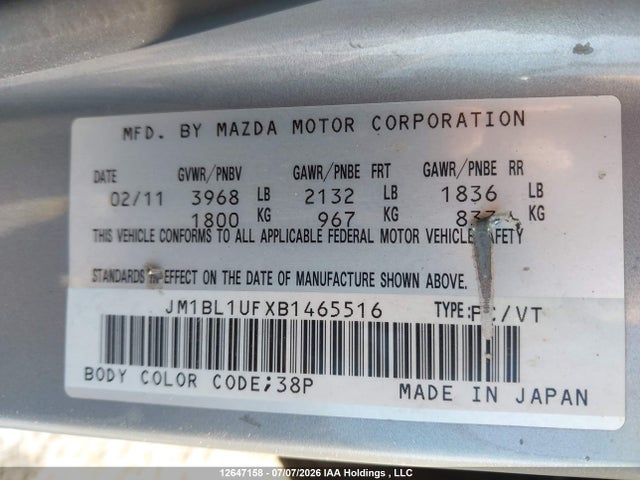 Продажа на аукционе авто 2011 Mazda Mazda3 Gx, vin: JM1BL1UFXB1465516, номер лота: 12647158