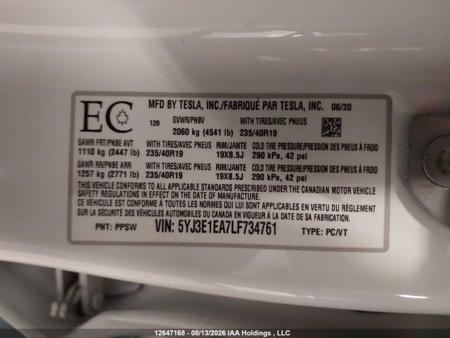 Auction sale of the 2020 Tesla Model 3, vin: 5YJ3E1EA7LF734761, lot number: 12647168