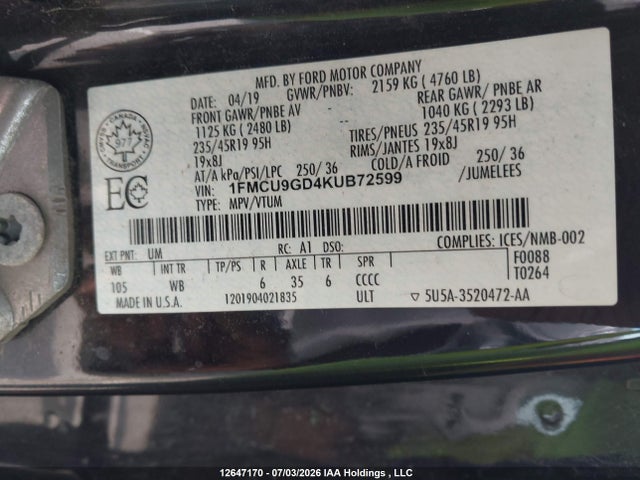 Ford ESCAPE SE 2019 1FMCU9GD4KUB72599 Image 9