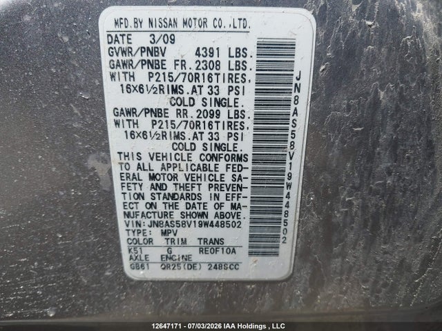 Aukcja sprzedaży 2009 Nissan Rogue S, vin: JN8AS58V19W448502, numer aukcji: 12647171