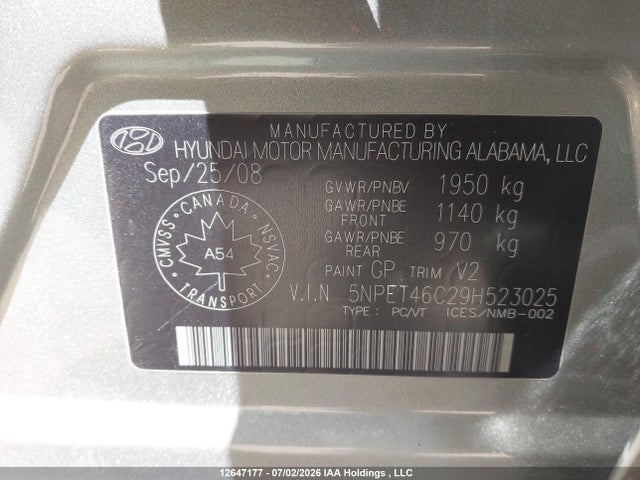12647177 :رقم المزاد ، 5NPET46C29H523025 vin ، 2009 Hyundai Sonata Gls مزاد بيع