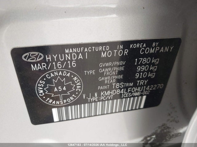12647183 :رقم المزاد ، KMHD84LF0HU142270 vin ، 2017 Hyundai Elantra Se/value/limited مزاد بيع