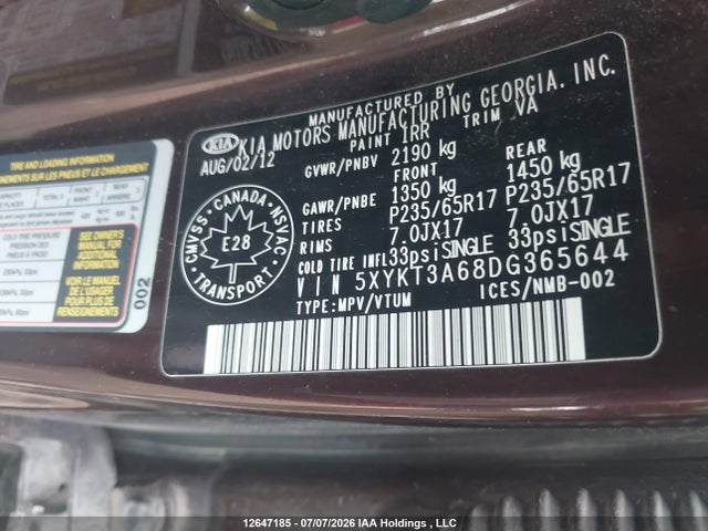 12647185 :رقم المزاد ، 5XYKT3A68DG365644 vin ، 2013 Kia Sorento Lx مزاد بيع