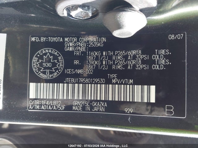 2008 Toyota 4runner Limited მანქანა იყიდება აუქციონზე, vin: JTEBU17R580129530, აუქციონის ნომერი: 12647192