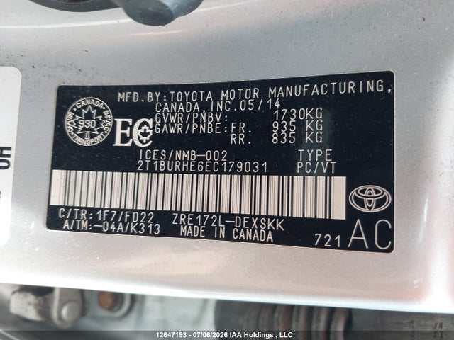 Aukcja sprzedaży 2014 Toyota Corolla L/le/le Pls/prm/s/s Pls, vin: 2T1BURHE6EC179031, numer aukcji: 12647193