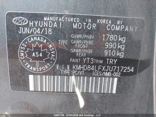 Aukcja sprzedaży 2018 Hyundai Elantra Gls, vin: KMHD84LFXJU717254, numer aukcji: 12647195
