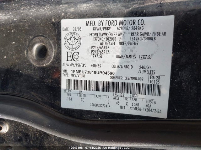 2008 Ford Explorer Xlt მანქანა იყიდება აუქციონზე, vin: 1FMEU73818UB04596, აუქციონის ნომერი: 12647198