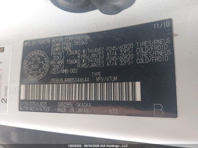 2011 Toyota 4runner Sr5 V6 მანქანა იყიდება აუქციონზე, vin: JTEBU5JR8B5044644, აუქციონის ნომერი: 12638220