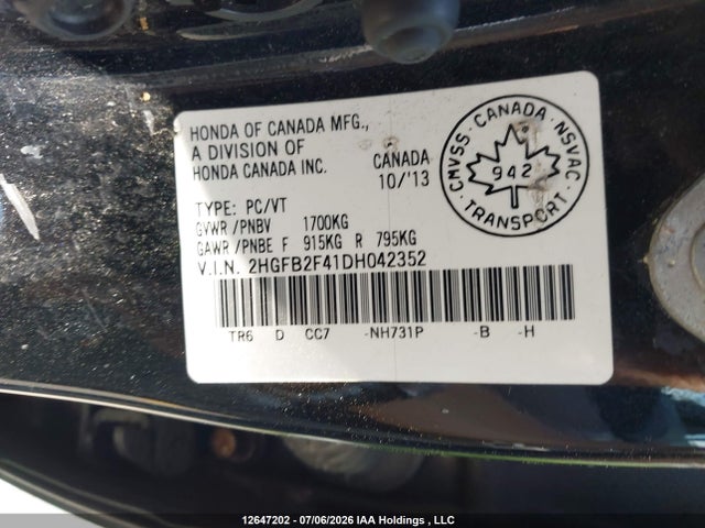Продажа на аукционе авто 2013 Honda Civic Lx, vin: 2HGFB2F41DH042352, номер лота: 12647202
