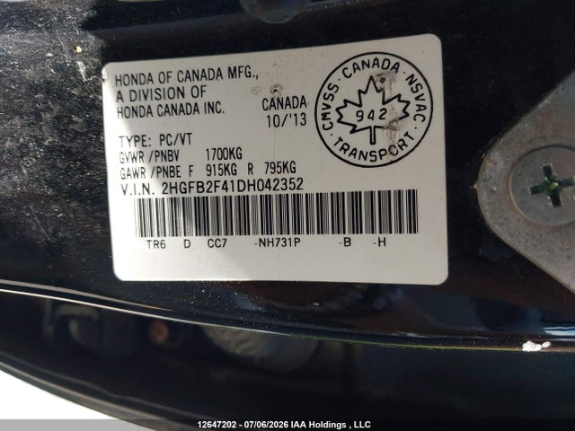 Продажа на аукционе авто 2013 Honda Civic Lx, vin: 2HGFB2F41DH042352, номер лота: 12647202