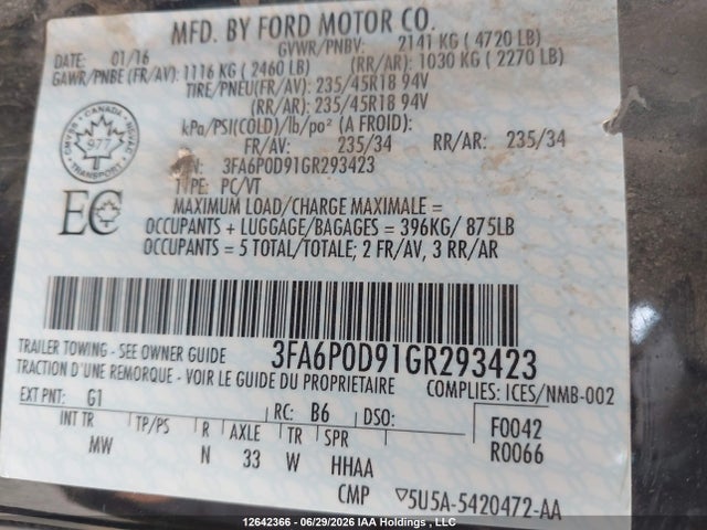 Продаж на аукціоні авто 2016 Ford Fusion Titanium, vin: 3FA6P0D91GR293423, номер лоту: 12642366