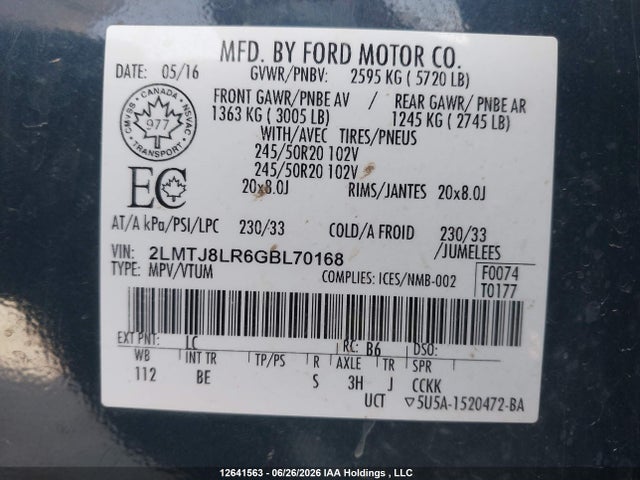 Lincoln Mkx Reserve 2016 2LMTJ8LR6GBL70168 Image 18